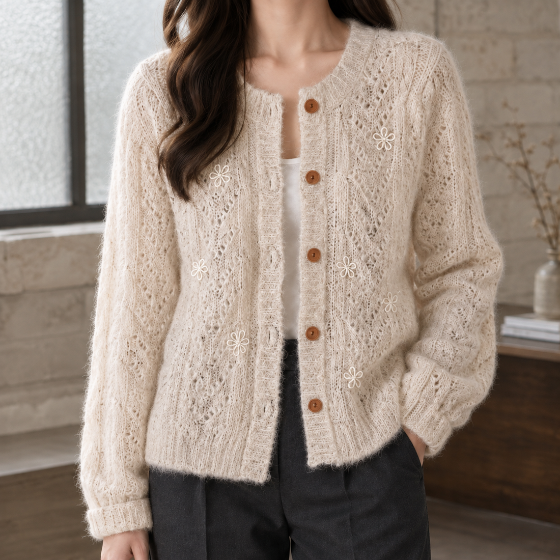 Emily Pointelle Cardigan - Apricot