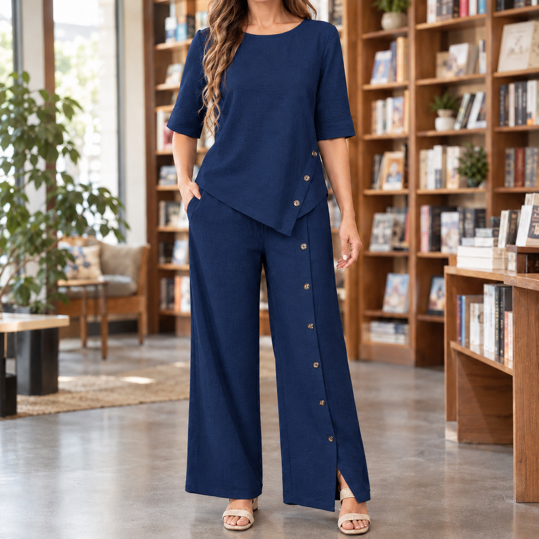 Delphine-June Asymmetric Wide-Leg Set - Navy Blue