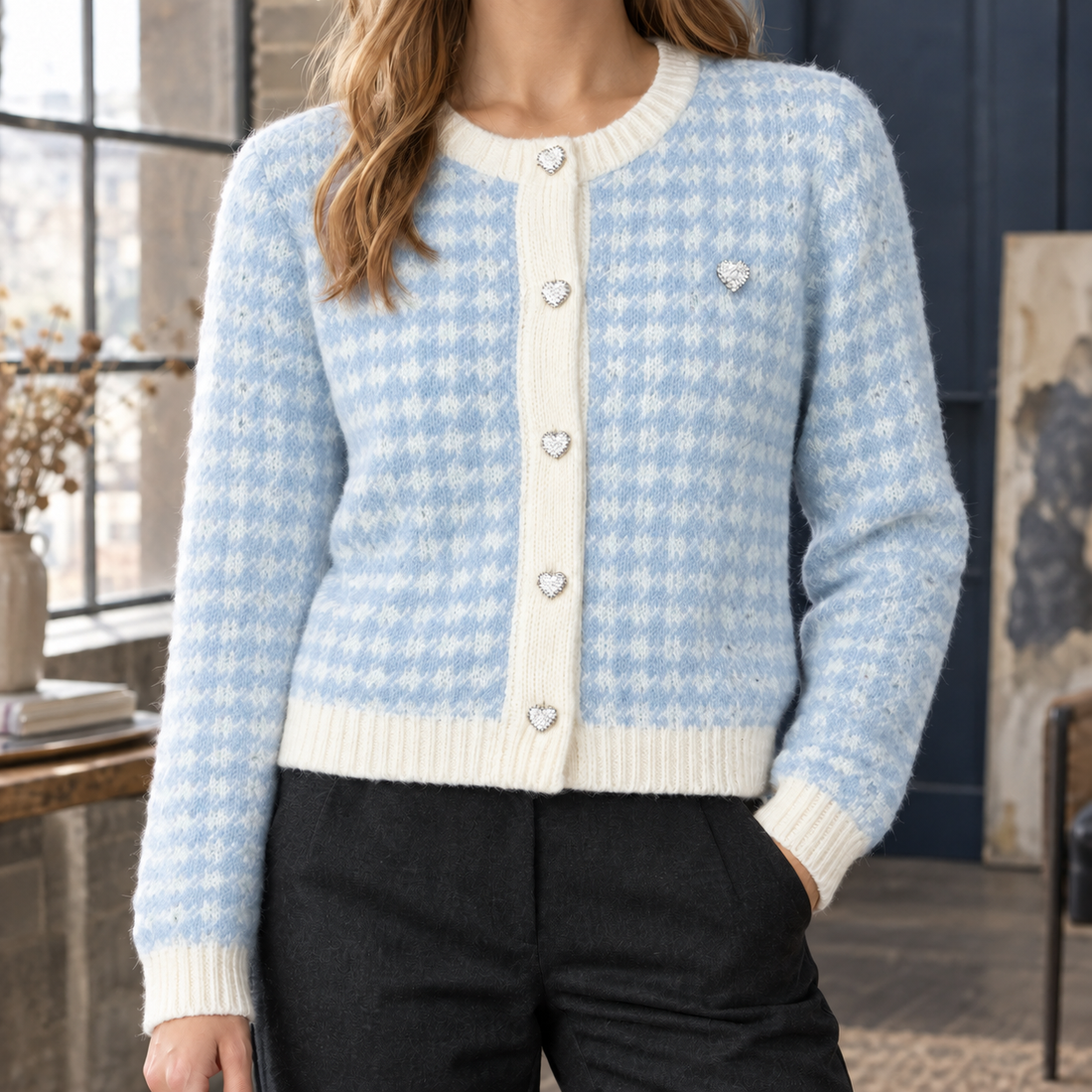 Alina-Rose Houndstooth Cardigan - Light Blue