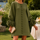 Solene Floral Cuff Dress - Olive Green
