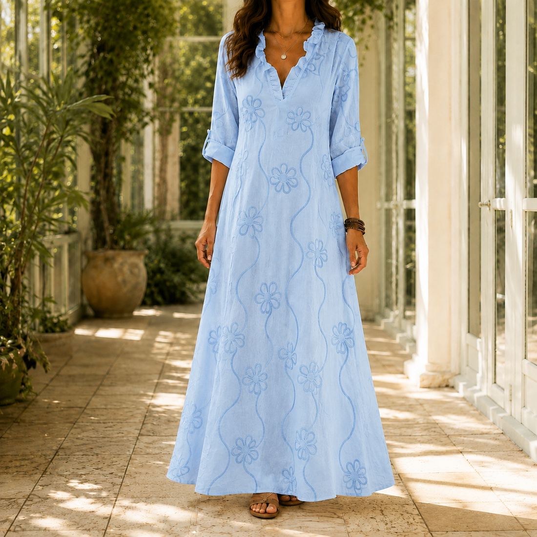 Simone Embroidered Maxi Dress - Light Blue