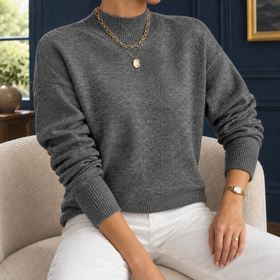 Caroline Mock Neck Sweater - Dark Gray