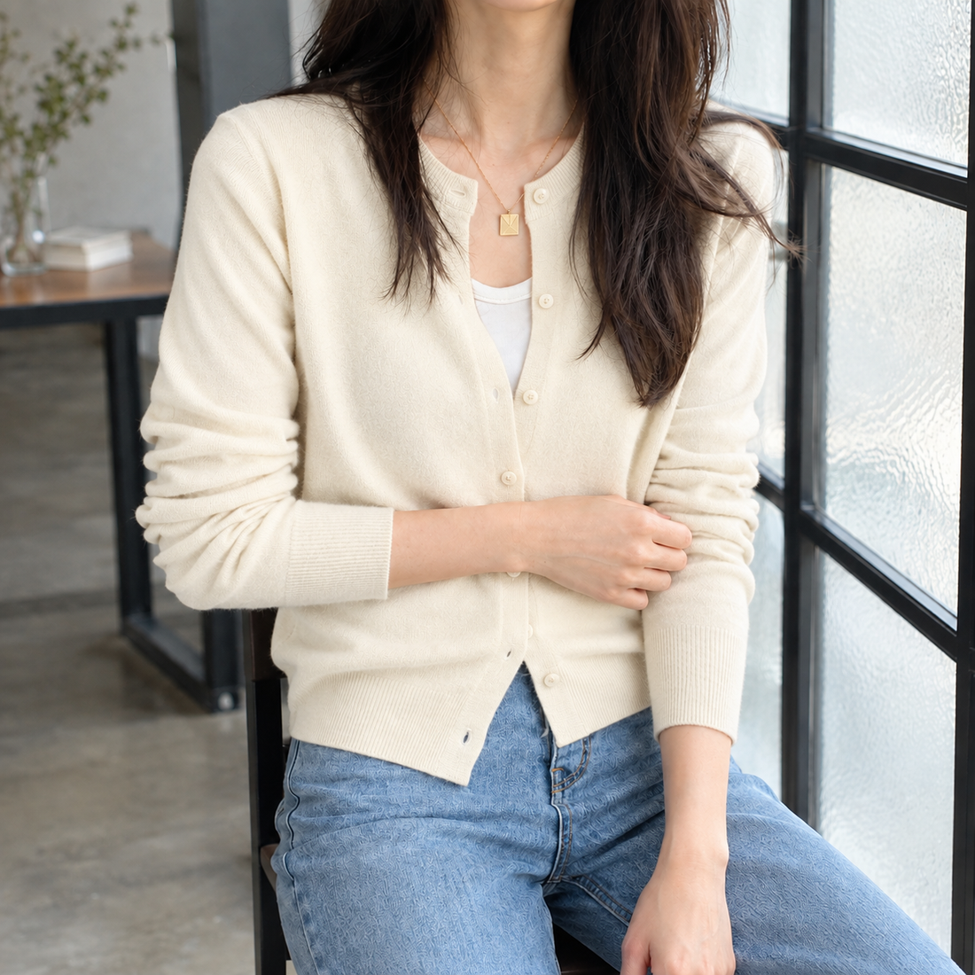Leah Crewneck Cardigan - Cream