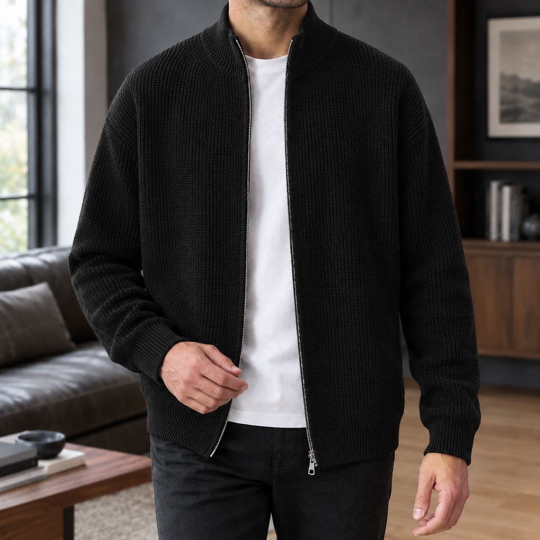 Isaac Ribbed Zip Sweater - Black