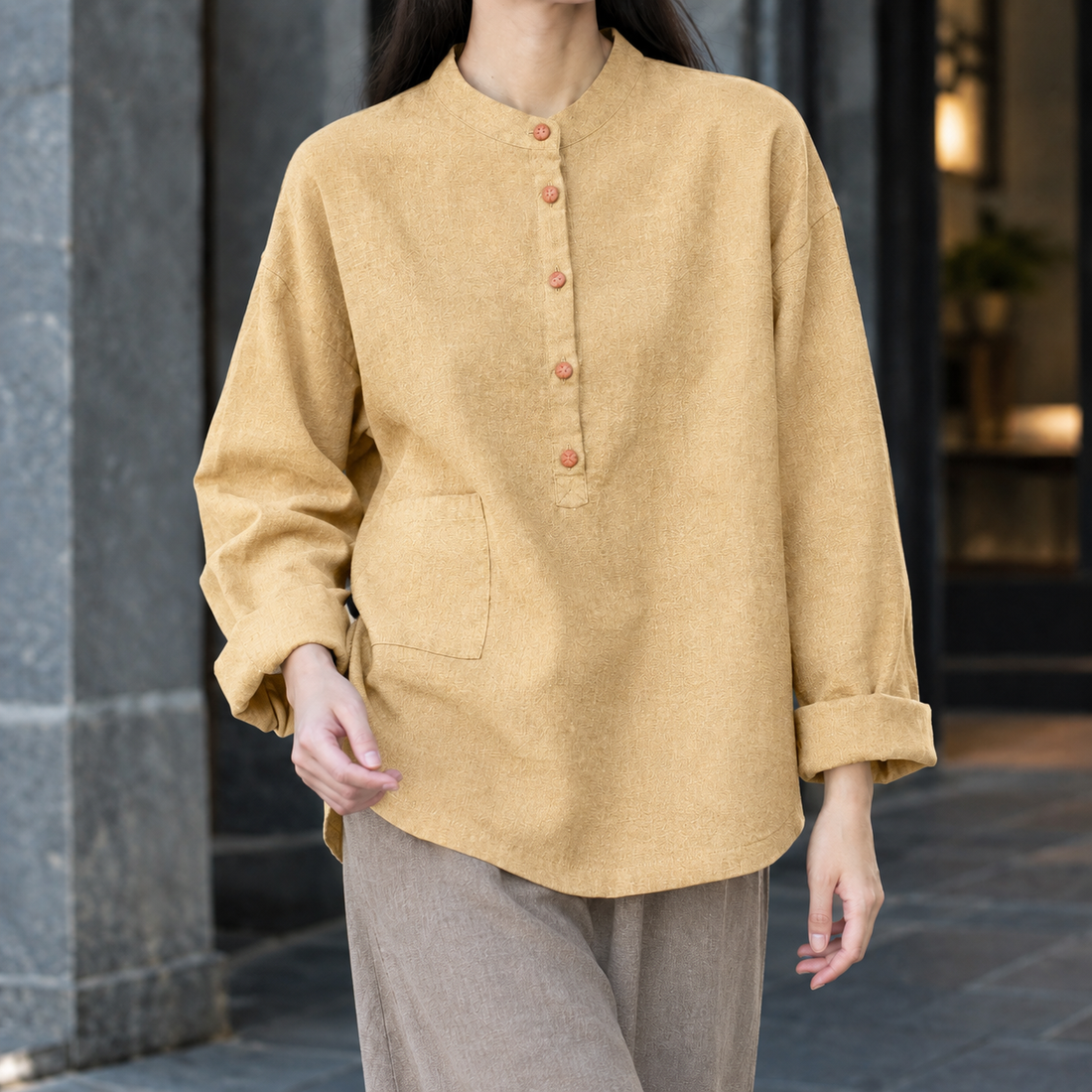 Severine-Pearl Stand Collar Top - Warm Yellow