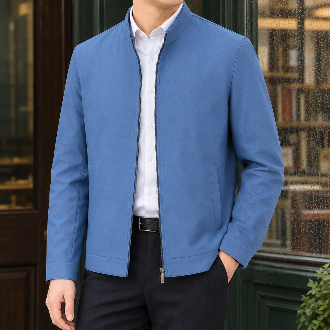Stefan Silk Jacket - Light Blue Stand Collar