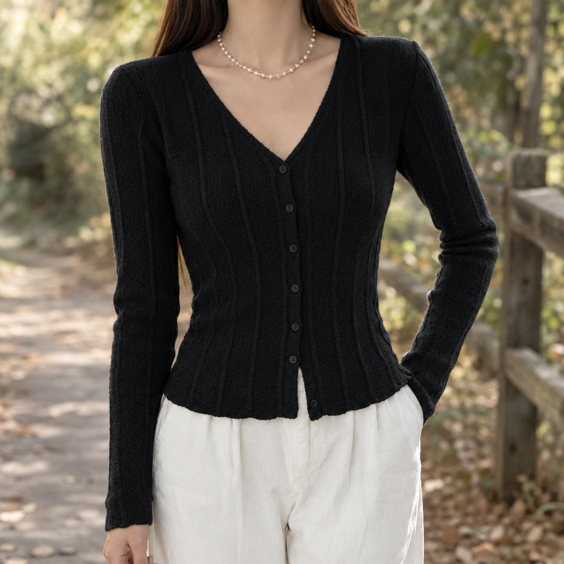 Elle-Pearl Ribbed Cardigan - Black