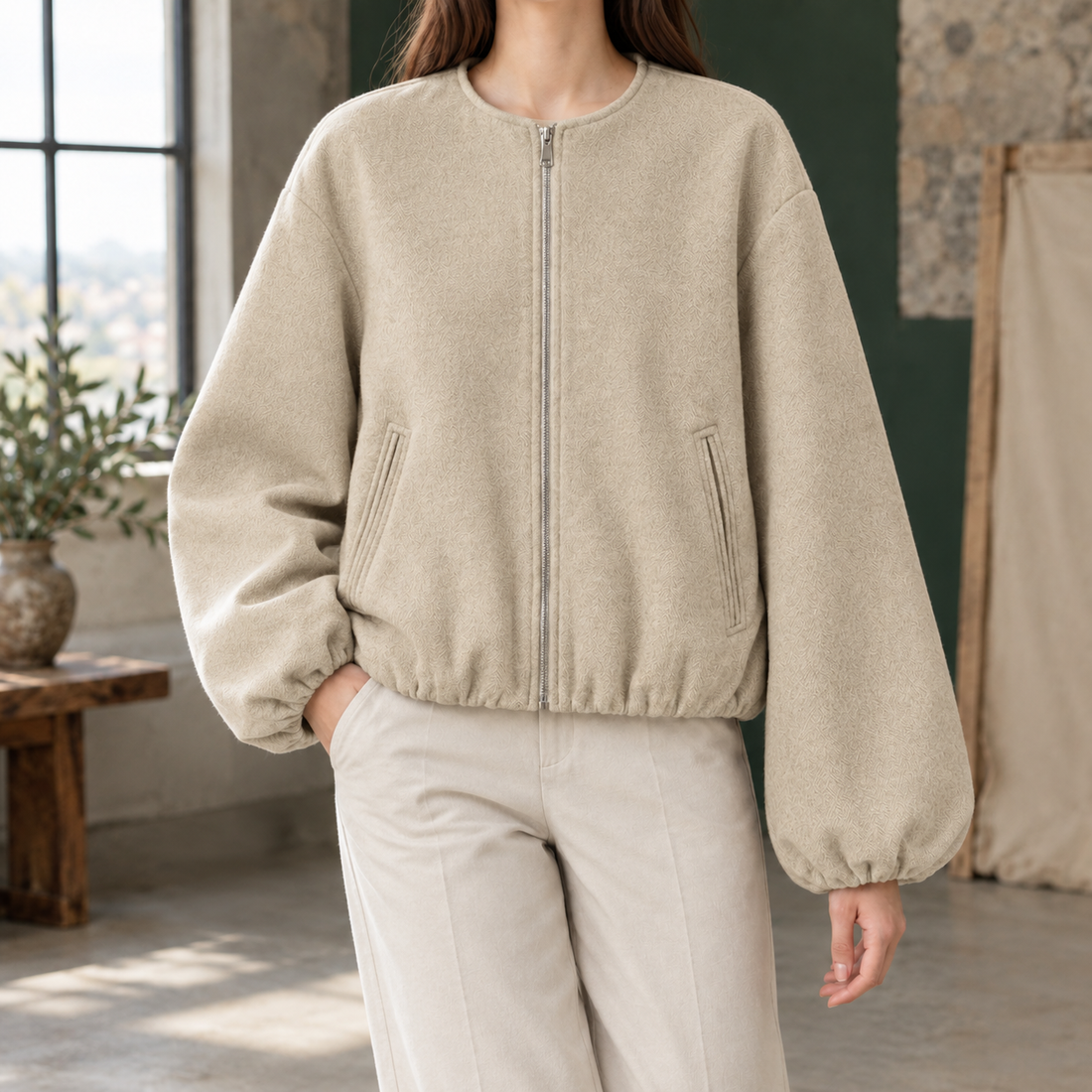 Rebecca Collarless Zip Jacket - Khaki