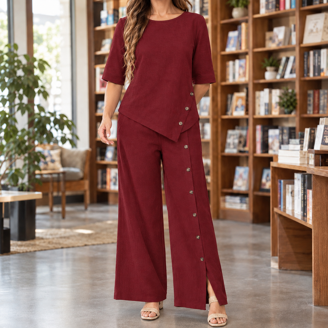 Delphine-June Asymmetric Wide-Leg Set - Burgundy