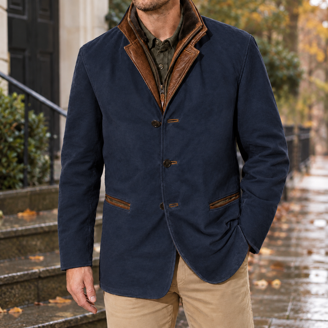 Adrian-James Layered Collar Jacket - Navy Blue