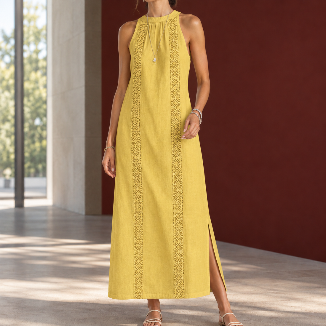 Morgan Lace Panel Dress - Mustard Yellow