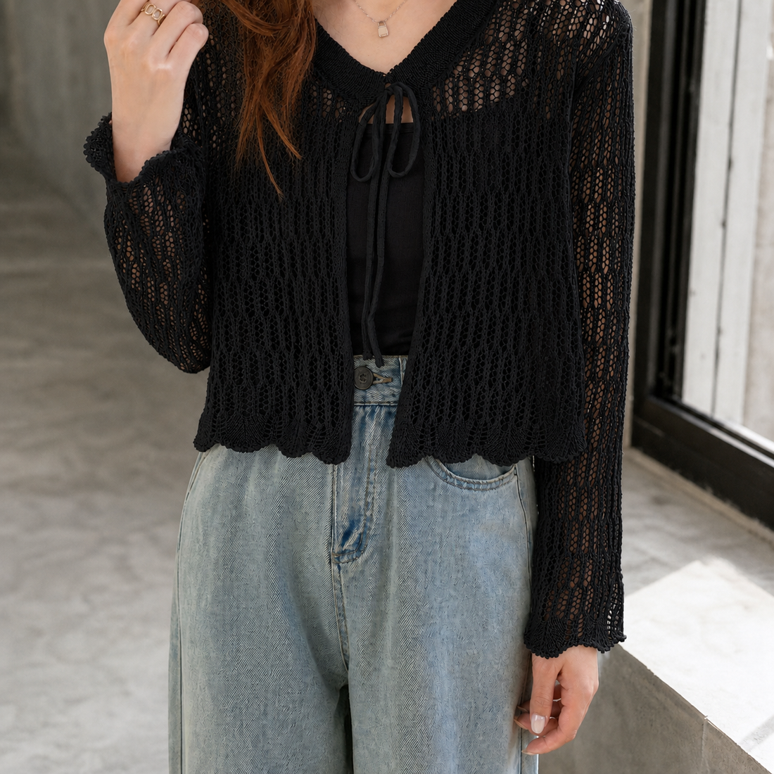 Bridget Pointelle Cardigan - Black