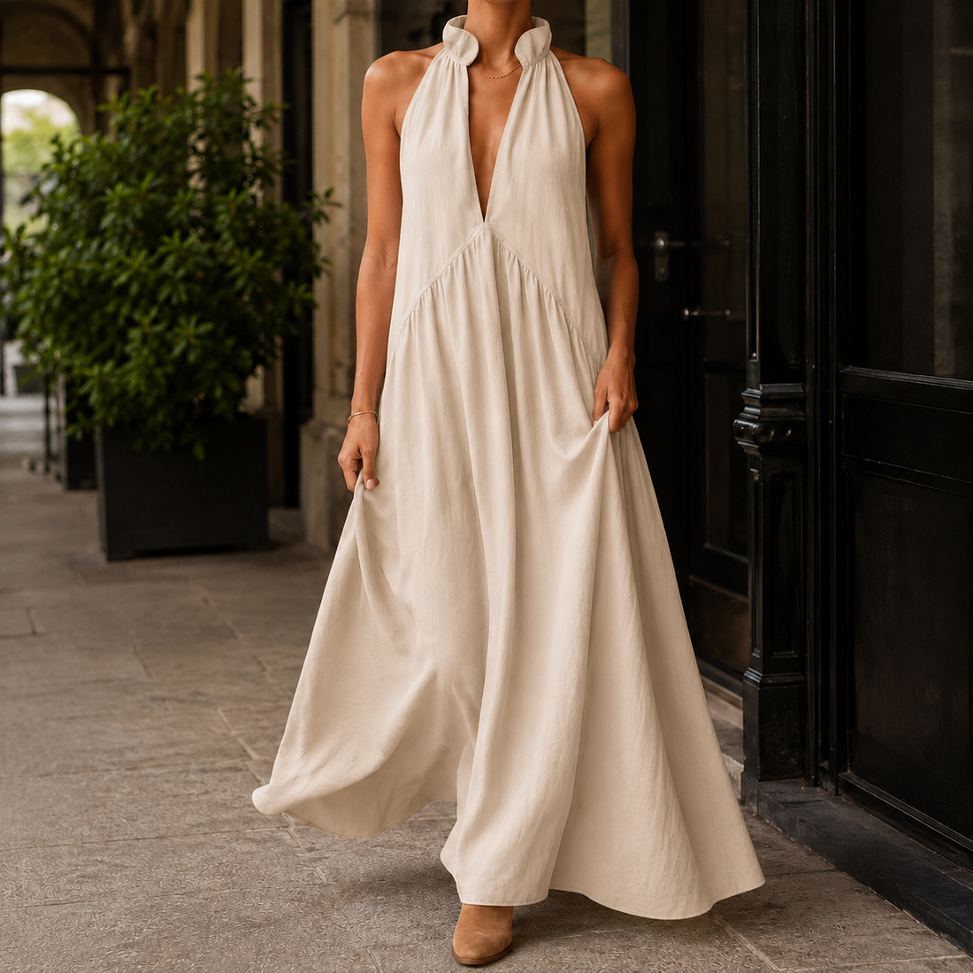 Maia Halter Maxi Dress - Neutral Beige