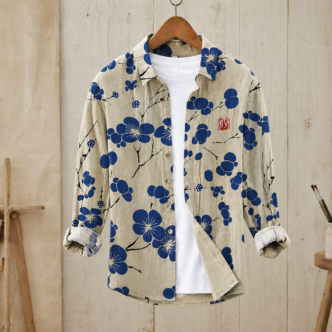 Knox Linen Shirt - Beige and Blue Blossom