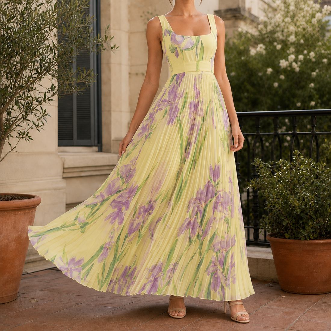 Orla-Grace Pleated Maxi Dress - Yellow Purple