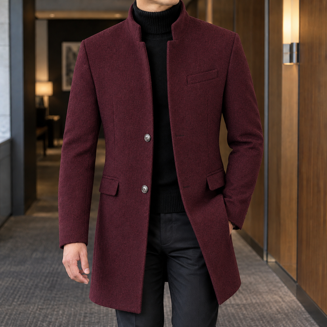 Harvey Stand Collar Overcoat - Wine Red