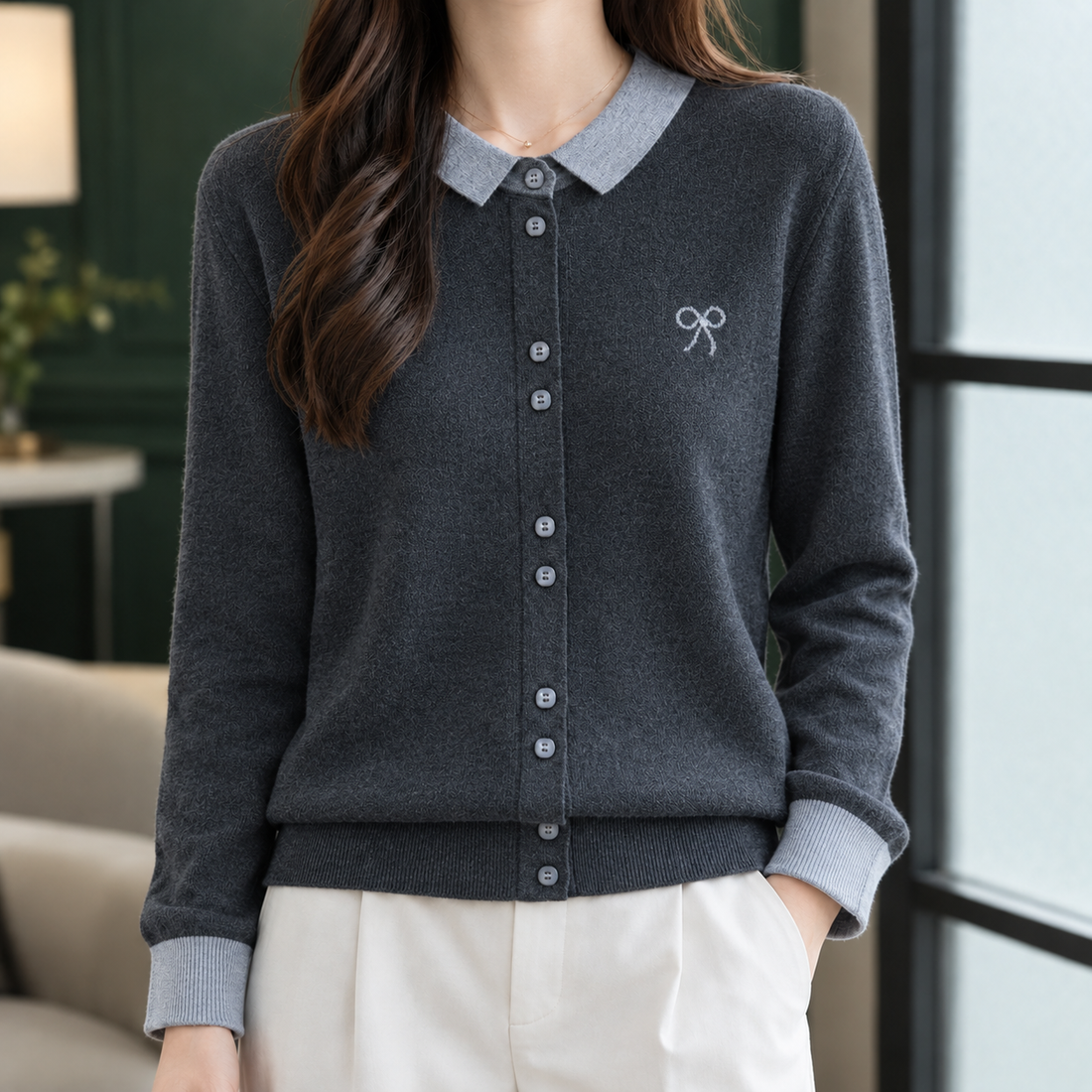 Pippa-Marie Contrast Collar Cardigan - Gray Collar Dark Gray