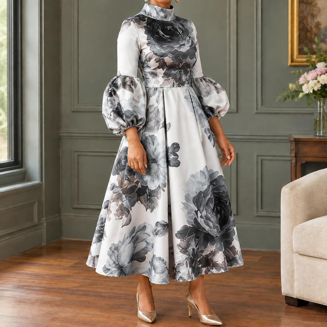 Esther Floral Midi Dress - Black