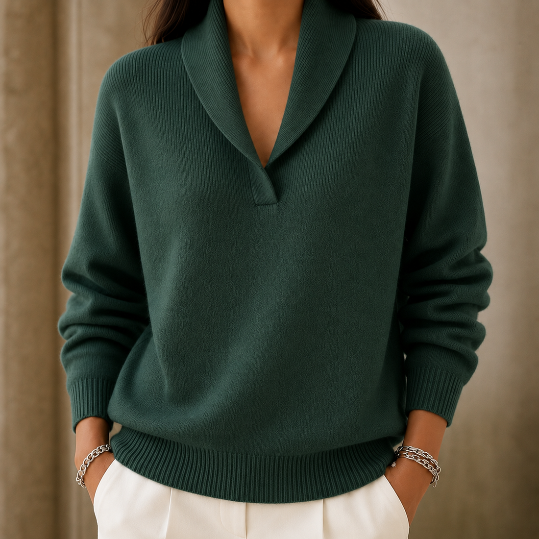 Edith Shawl Collar Sweater - Green