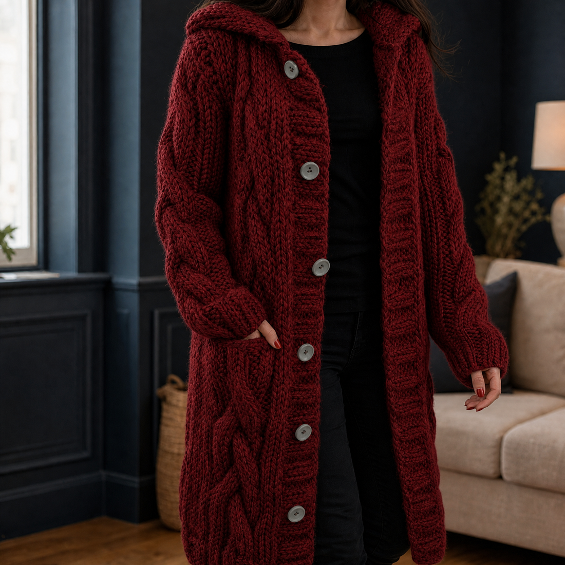 Bethany Cable Knit Cardigan - Wine Red