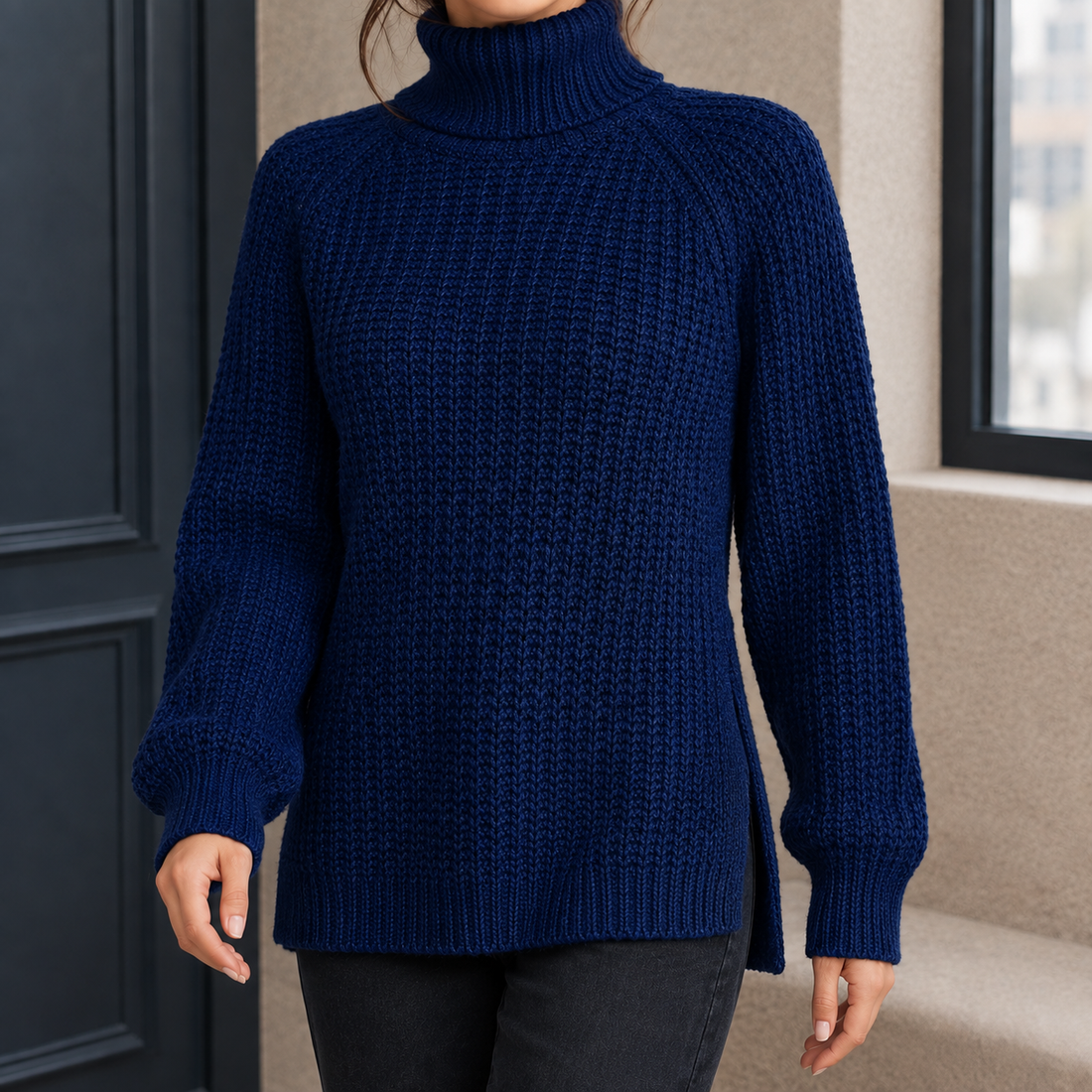 Hyacinth-Faye Ribbed Turtleneck Sweater - Dark Blue
