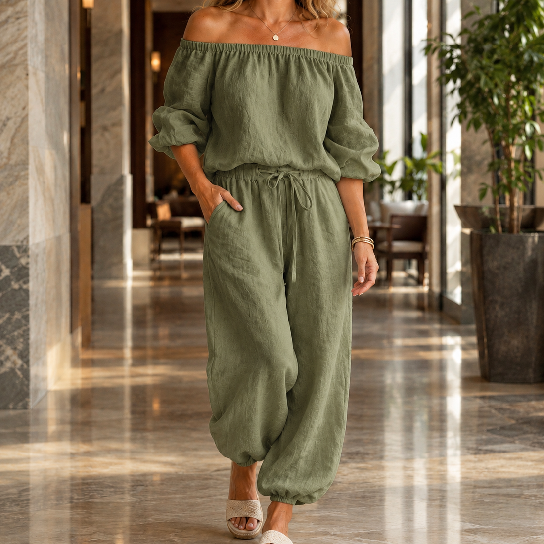 Katherine Off-Shoulder Set - Army Green