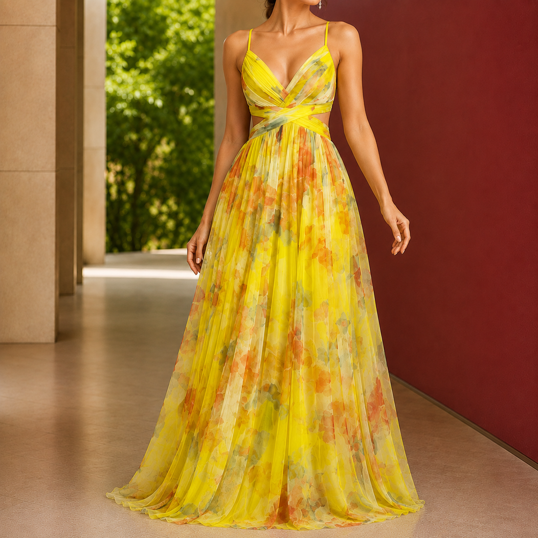 Cleo Watercolor Maxi Dress - Yellow