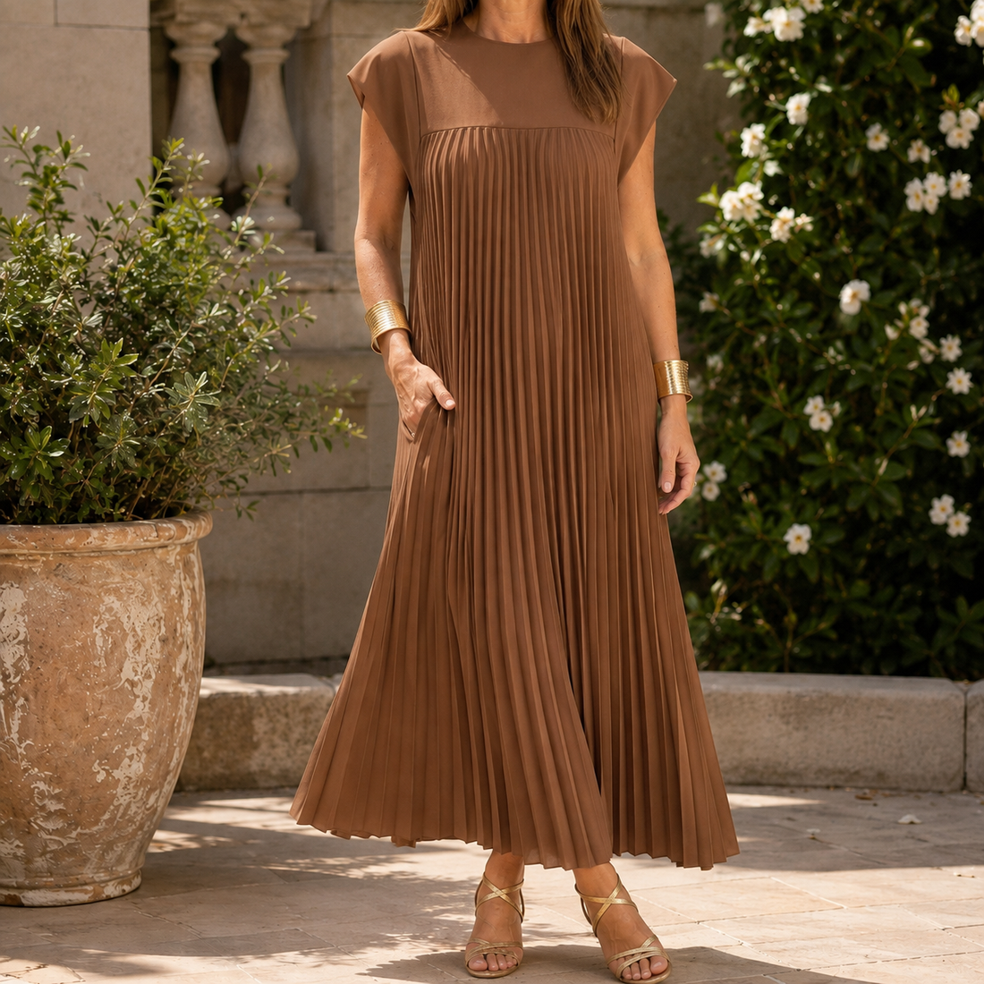Vivienne Pleated Maxi Dress - Brown