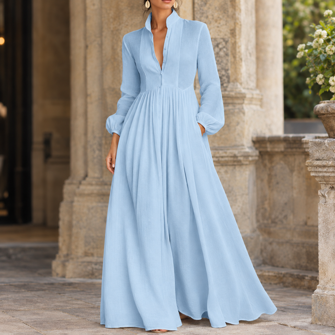 Constance Gathered Maxi Dress - Sky Blue