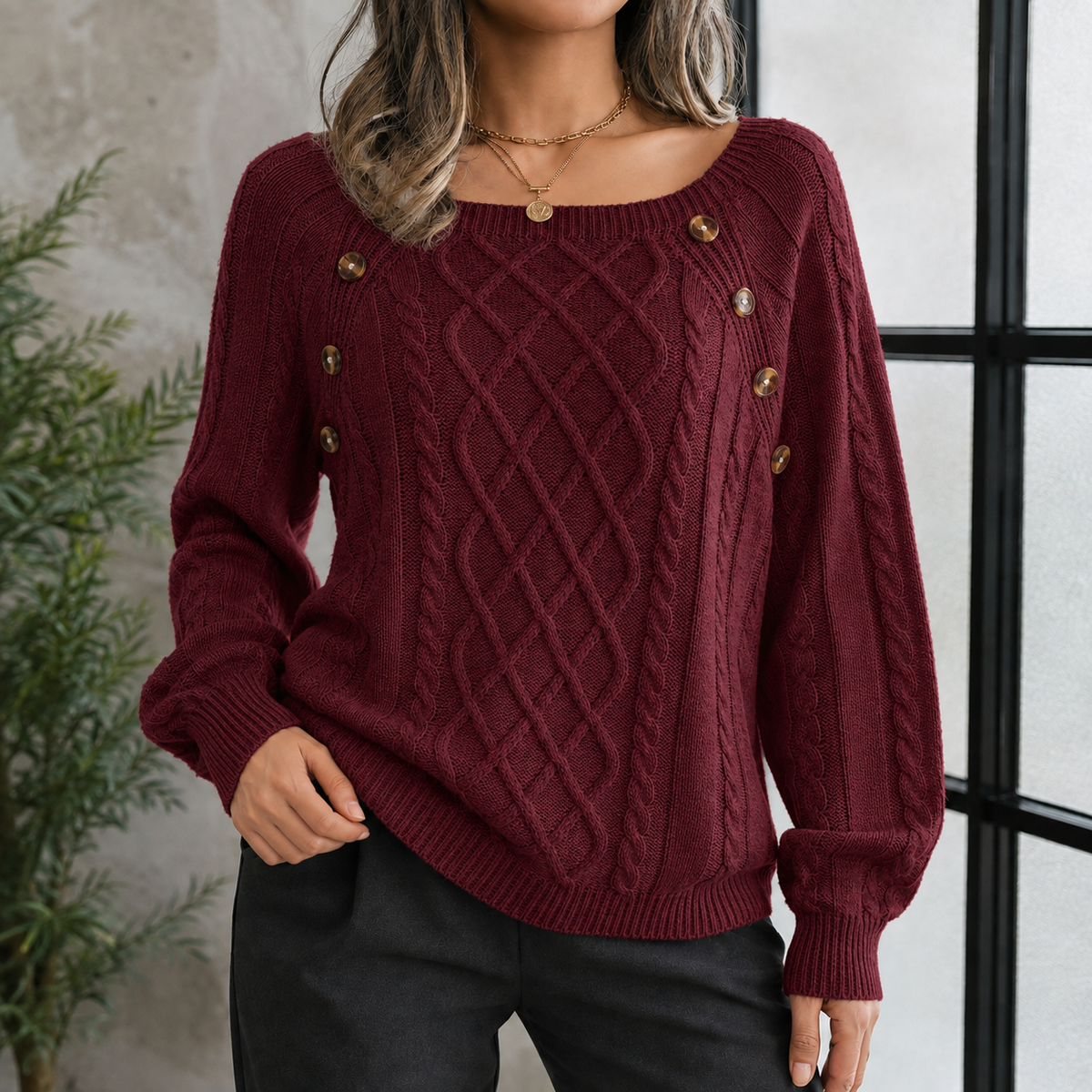 Abigail Cable Knit Sweater - Wine Red