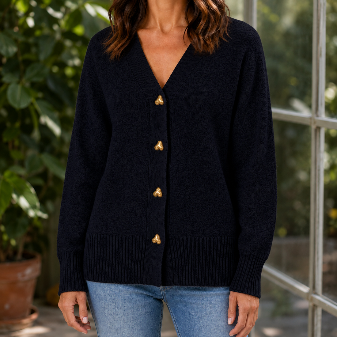 Brigitte Heart Button Sweater - Black