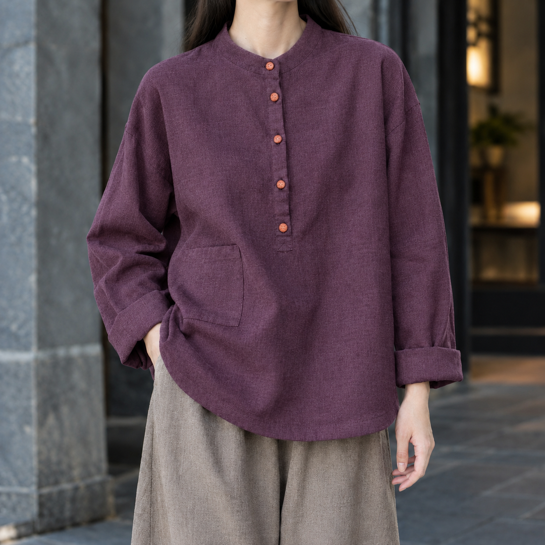 Severine-Pearl Stand Collar Top - Purple