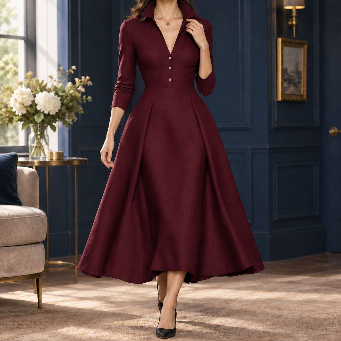 Ariana A-Line Dress - Wine Red