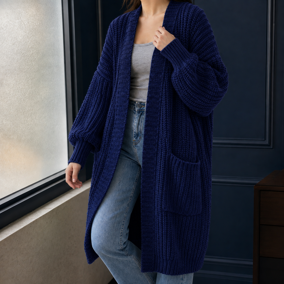 Alexandra-Faye Ribbed Cardigan - Navy Blue