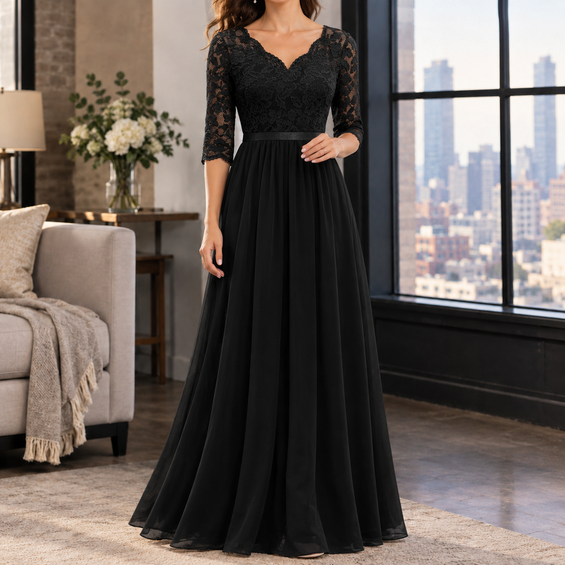 Joanna Lace Maxi Dress - Three-quarter Black