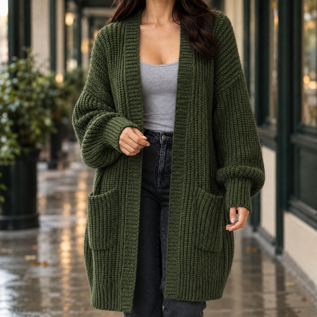 Sofia-Pearl Longline Cardigan - Army Green