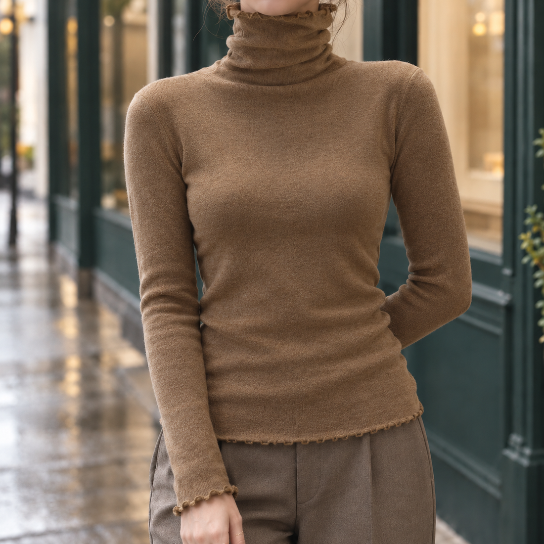 Cassidy-Faye Ruffle Turtleneck Top - Brown