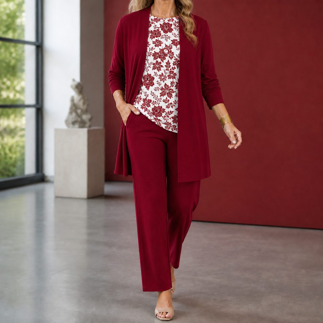 Ingrid-Belle Printed Pants Set - White & Red