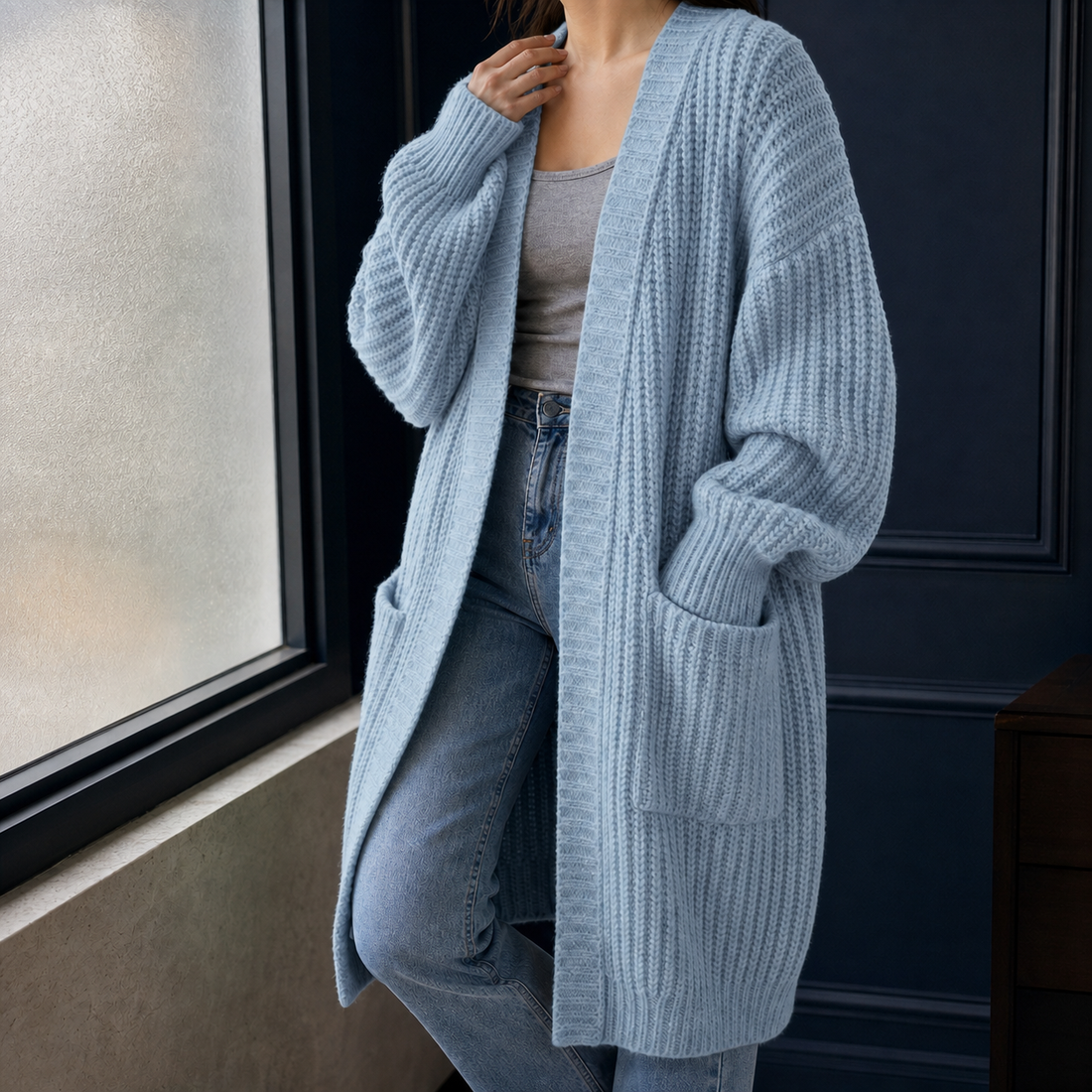 Alexandra-Faye Ribbed Cardigan - Light Blue