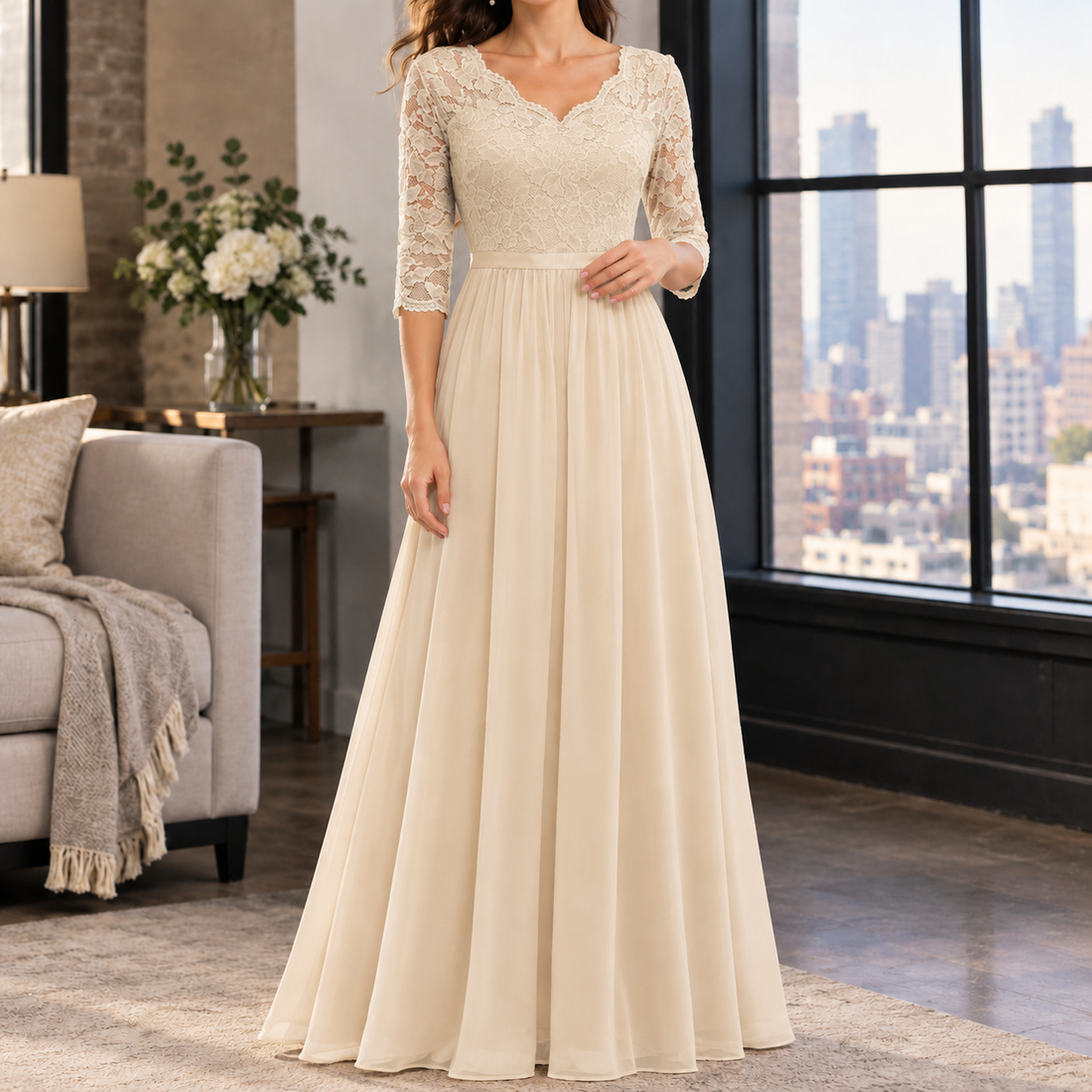 Joanna Lace Maxi Dress - Three-quarter Champagne