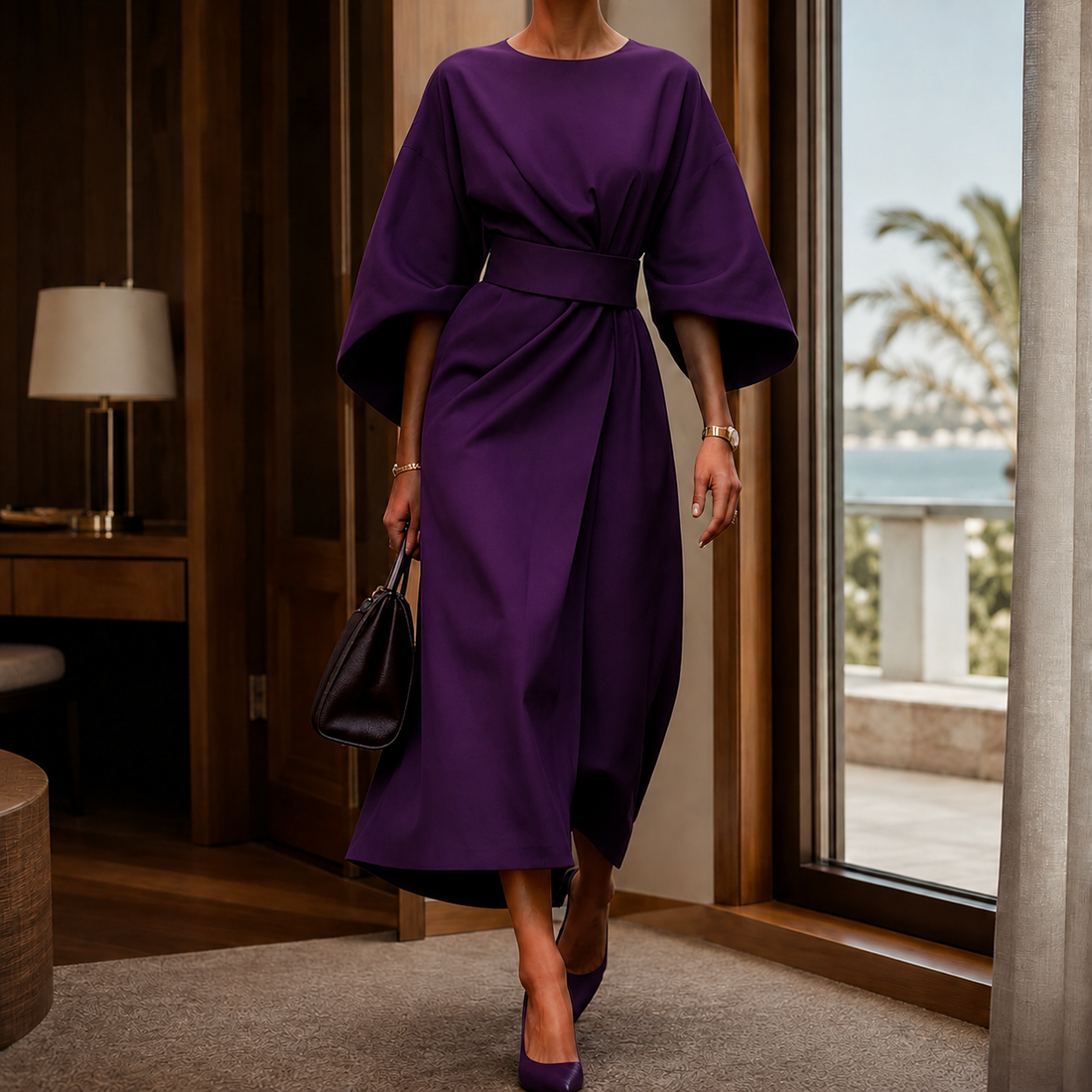 Astrid-Hope Belted Midi Dress - Purple