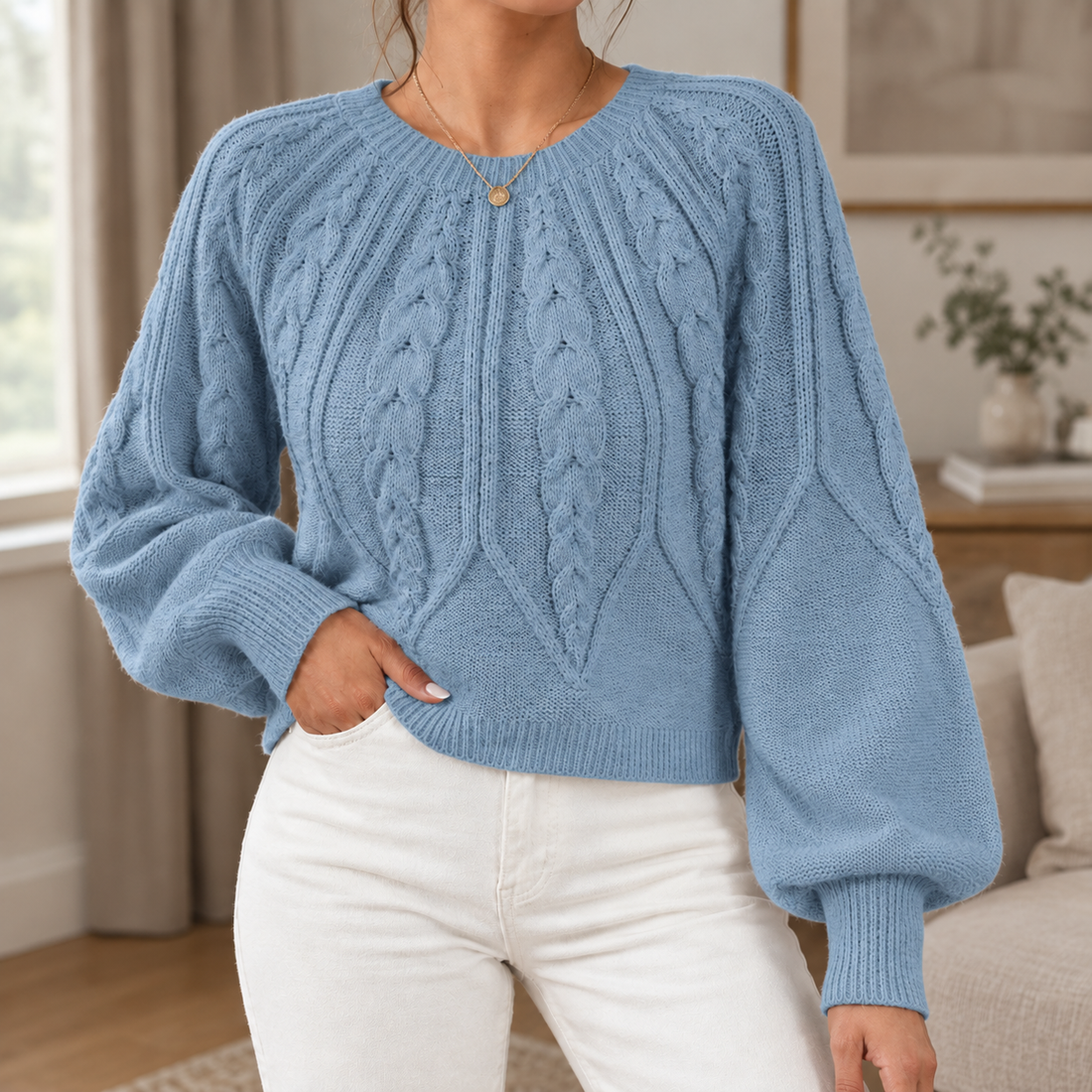 Mackenzie Cable Knit Sweater - Light Blue