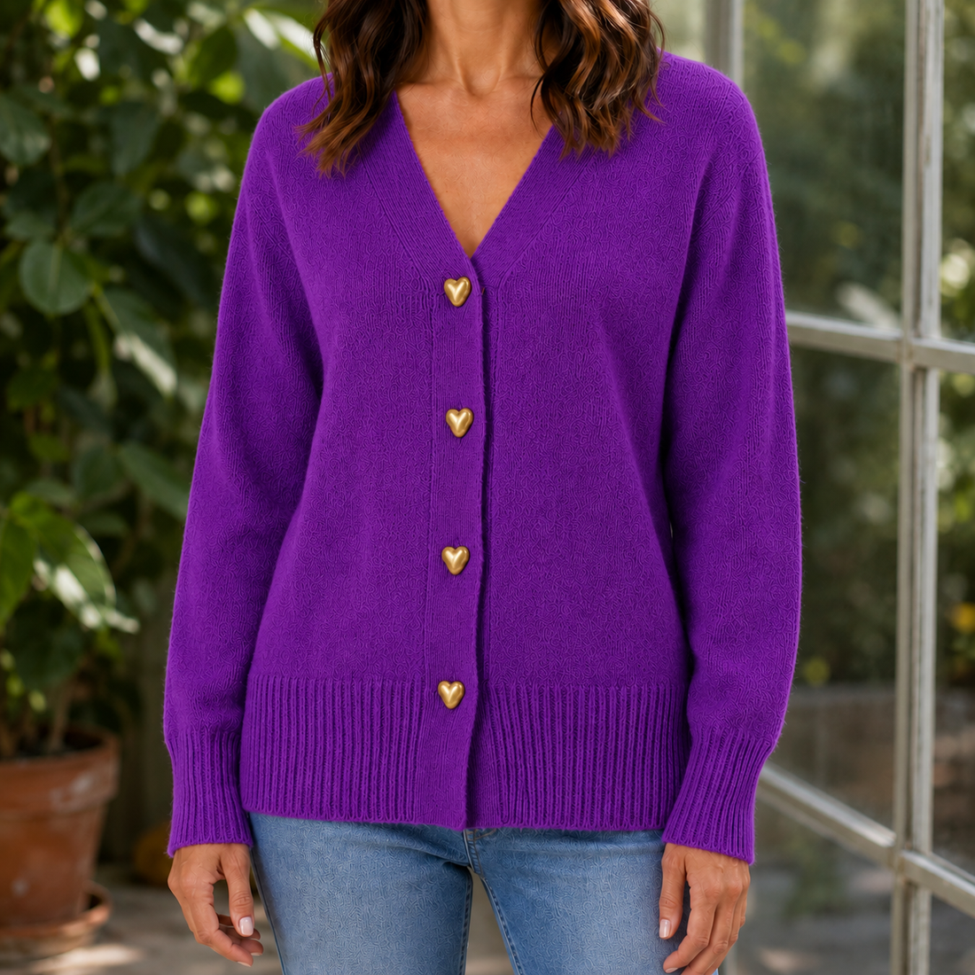 Brigitte Heart Button Sweater - Purple