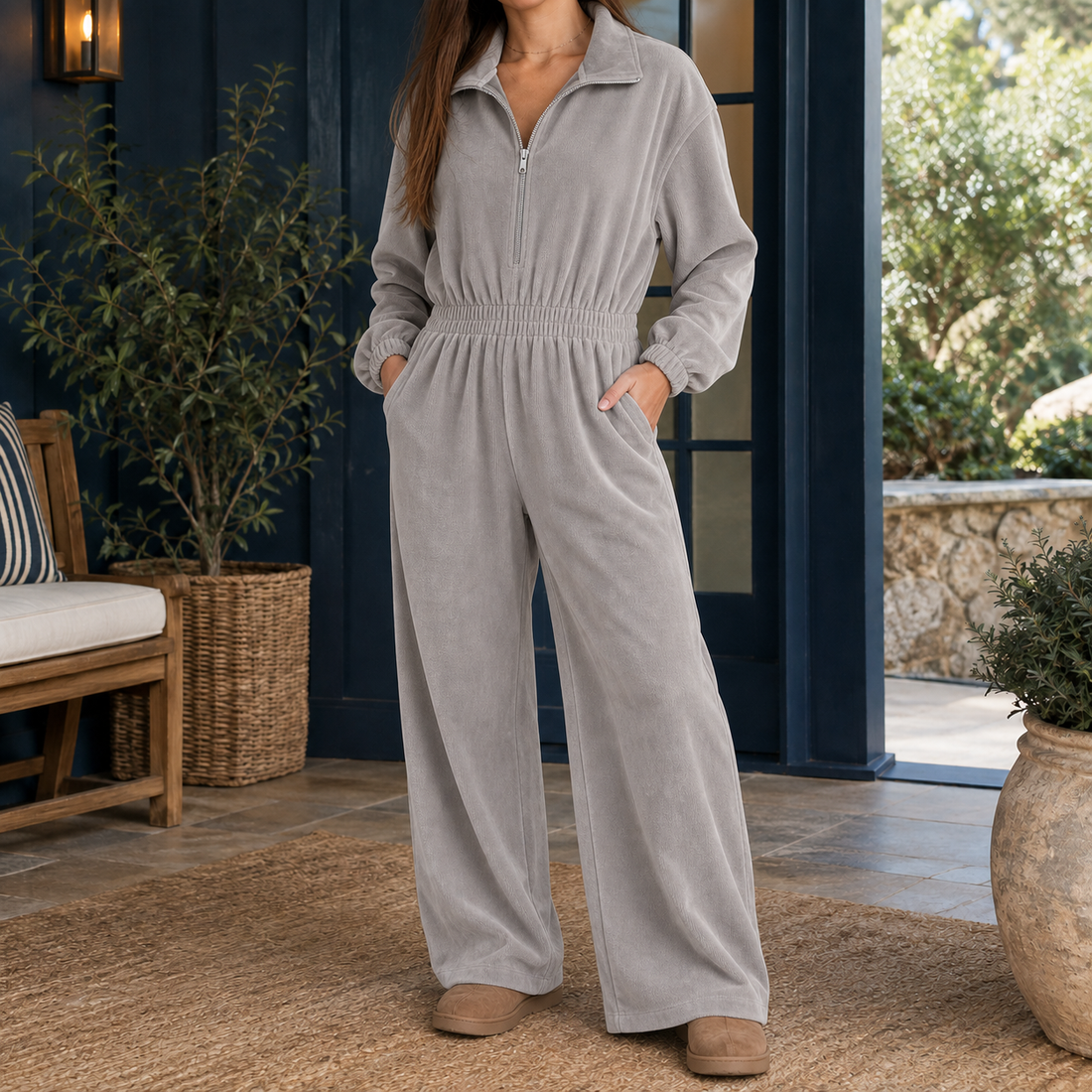 Theodora-June Wide Leg Jumpsuit - Light Gray