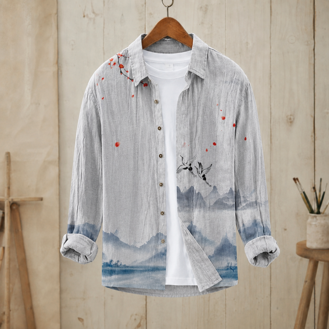 Knox Linen Shirt - Gray and Blue Landscape