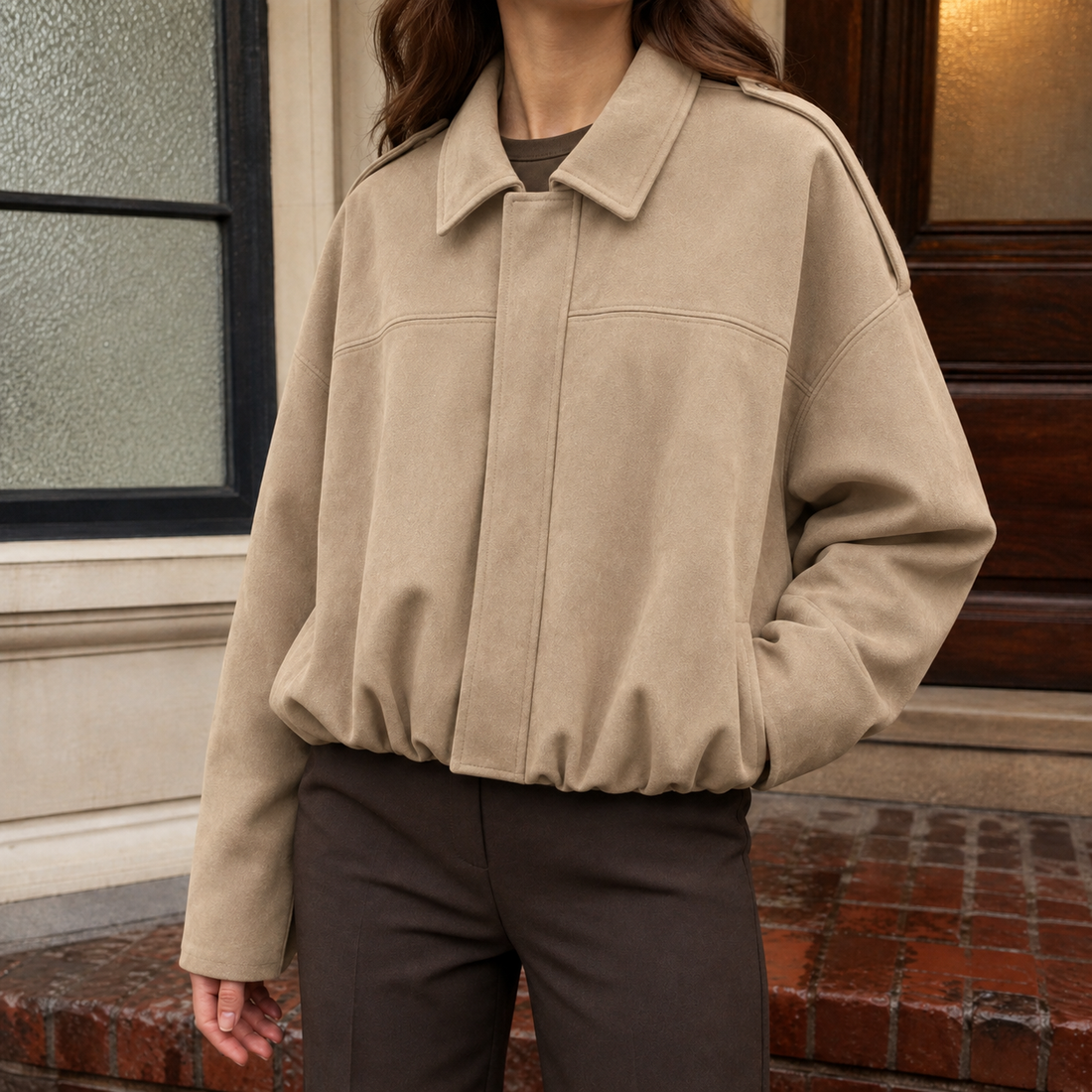 Annalise Suede Bomber Jacket - Khaki