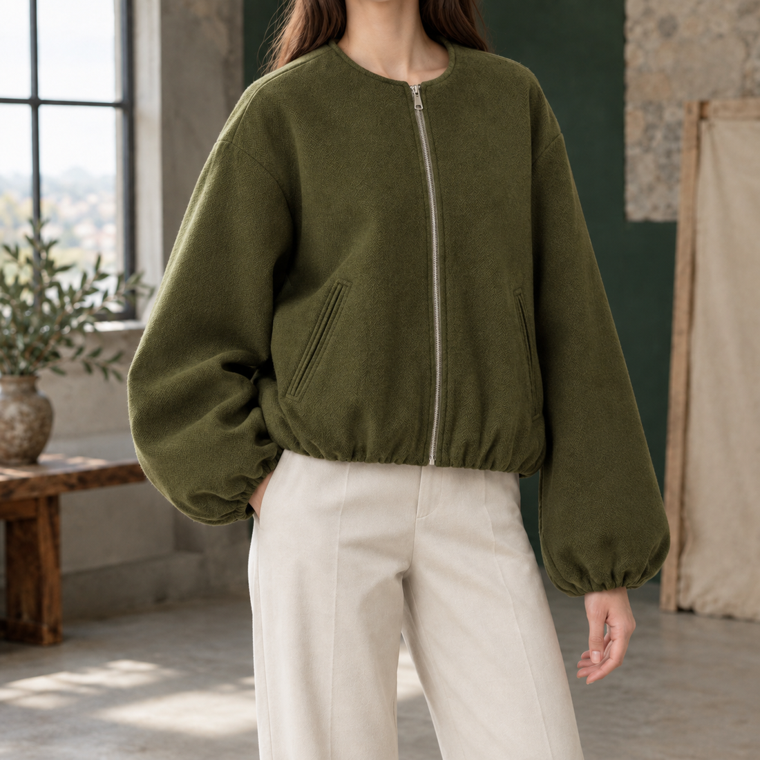 Rebecca Collarless Zip Jacket - Army Green