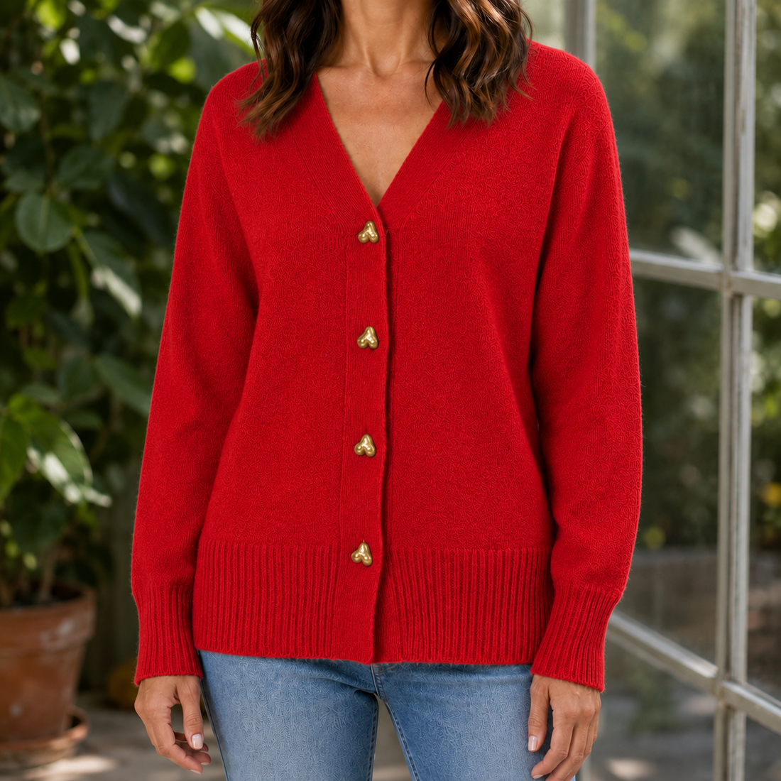 Brigitte Heart Button Sweater - Red