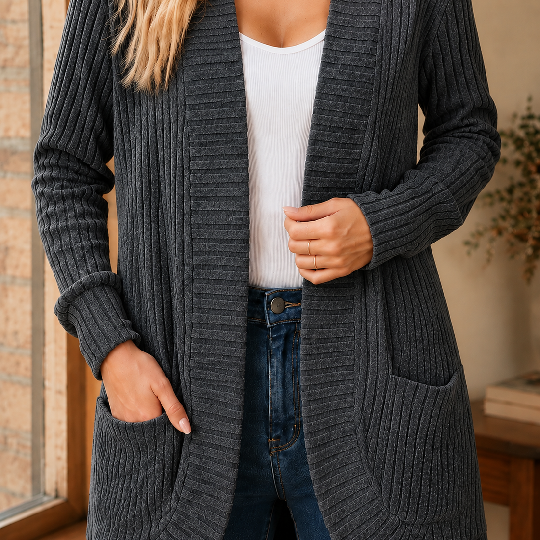 Yara Ribbed Cardigan - Lead Color